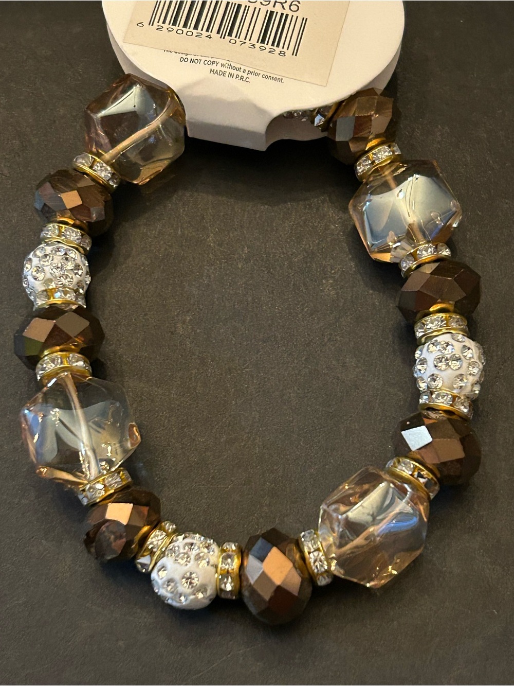 Crystal & Brown Bead Stretch Bracelet with Gold Accents NWT